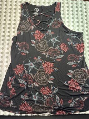 Maurices 24/7 Black Floral Lace-Up Tank Top with Red and Blue Accents